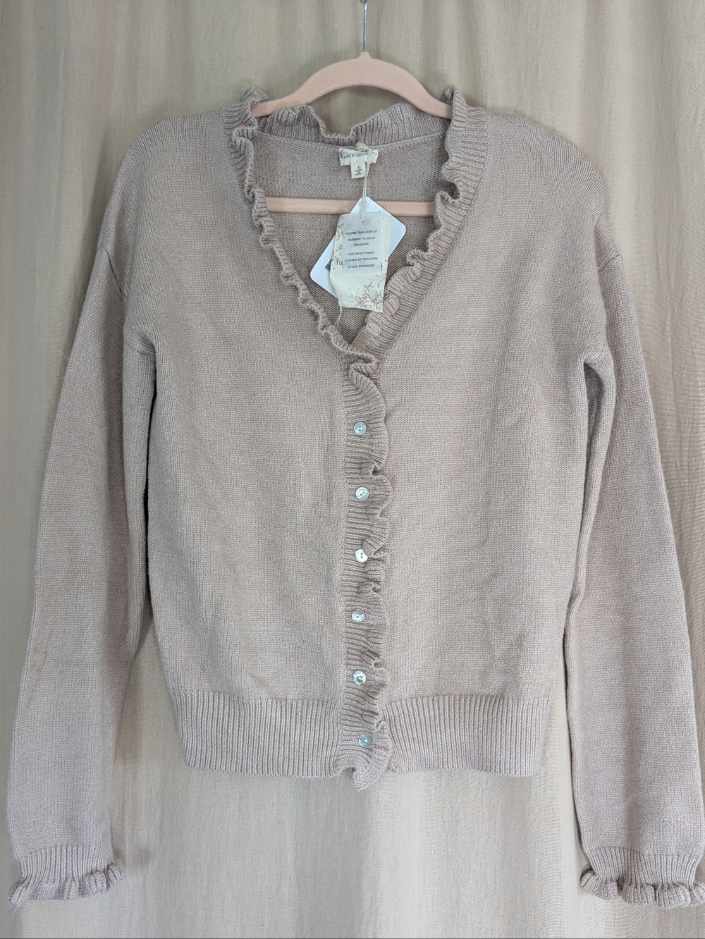 NWT Hem & Thread Tan Scalloped Ruffle Hem Long Sleeve Button-up Cardigan Sweater
